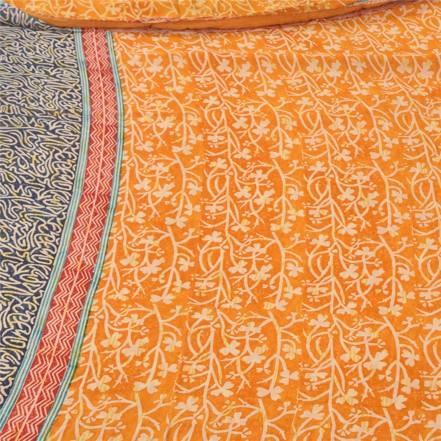 Sanskriti Vintage Sarees Yellow Pure Georgette Silk Print Sari 5yd Craft Fabric