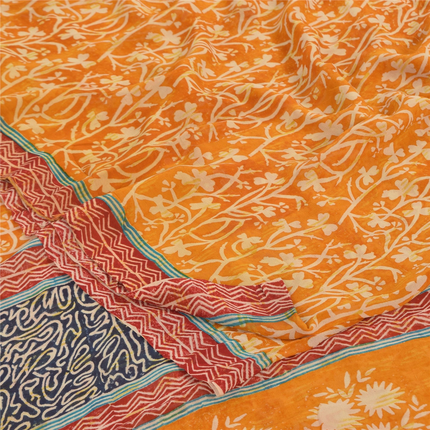 Sanskriti Vintage Sarees Yellow Pure Georgette Silk Print Sari 5yd Craft Fabric