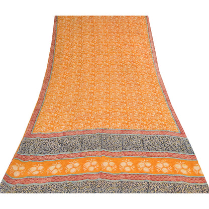 Sanskriti Vintage Sarees Yellow Pure Georgette Silk Print Sari 5yd Craft Fabric
