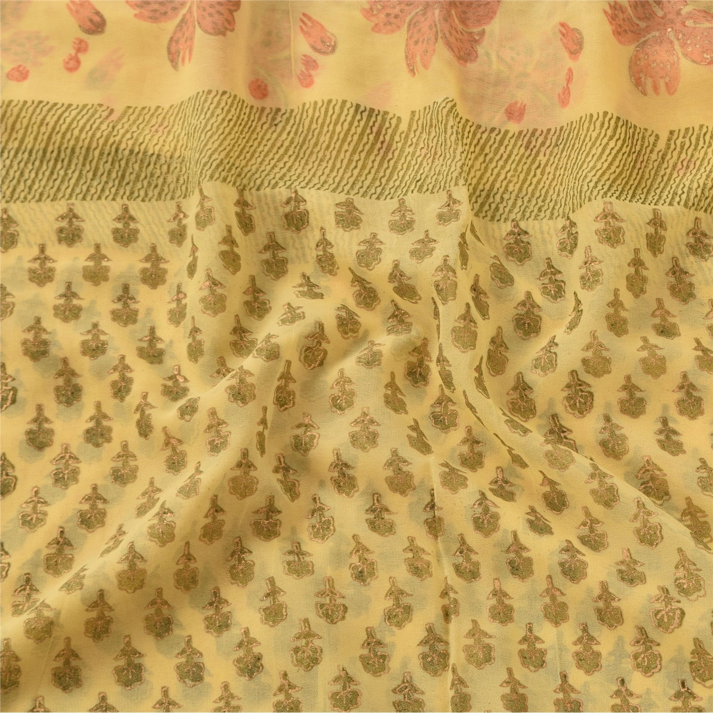 Sanskriti Vintage Sarees Yellow Pure Georgette Silk Print Sari 5yd Craft Sustainable Fabric