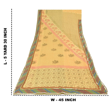 Sanskriti Vintage Sarees Yellow Pure Georgette Silk Print Sari 5yd Craft Sustainable Fabric