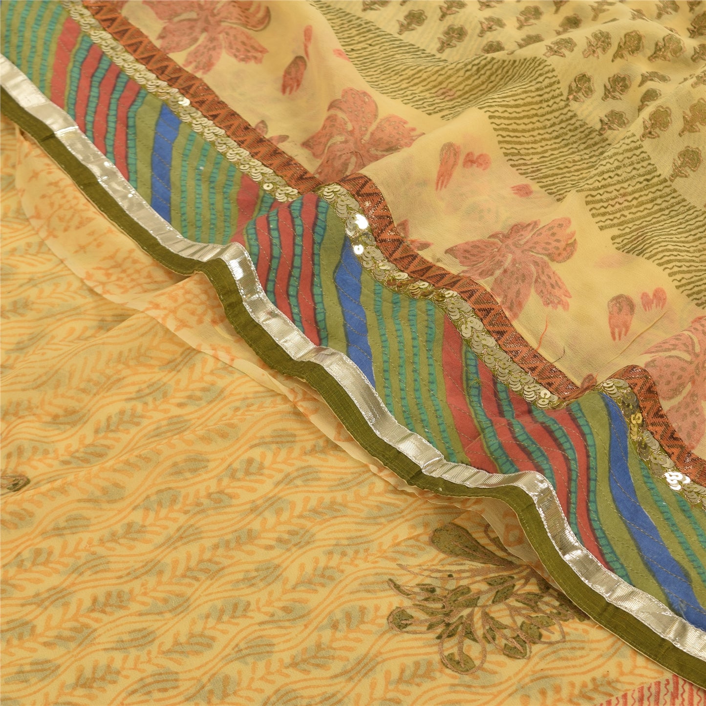 Sanskriti Vintage Sarees Yellow Pure Georgette Silk Print Sari 5yd Craft Sustainable Fabric