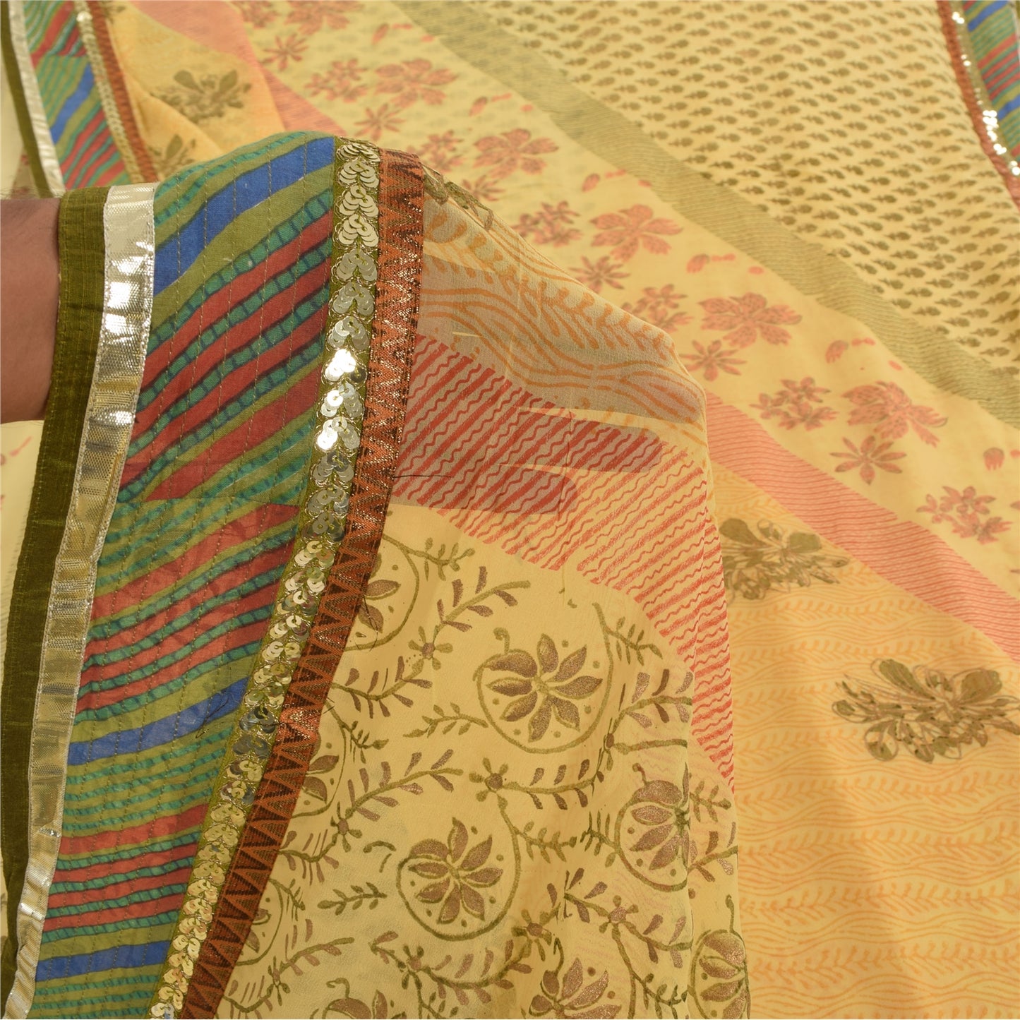 Sanskriti Vintage Sarees Yellow Pure Georgette Silk Print Sari 5yd Craft Sustainable Fabric