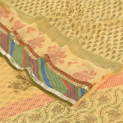 Sanskriti Vintage Sarees Yellow Pure Georgette Silk Print Sari 5yd Craft Sustainable Fabric