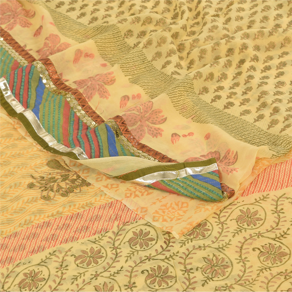 Sanskriti Vintage Sarees Yellow Pure Georgette Silk Print Sari 5yd Craft Sustainable Fabric