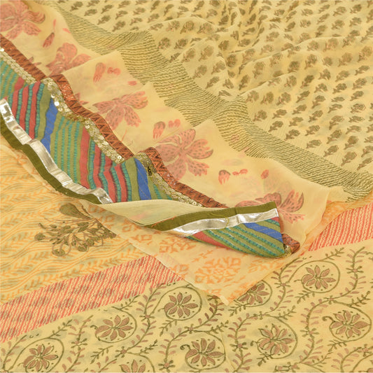 Sanskriti Vintage Sarees Yellow Pure Georgette Silk Print Sari 5yd Craft Sustainable Fabric