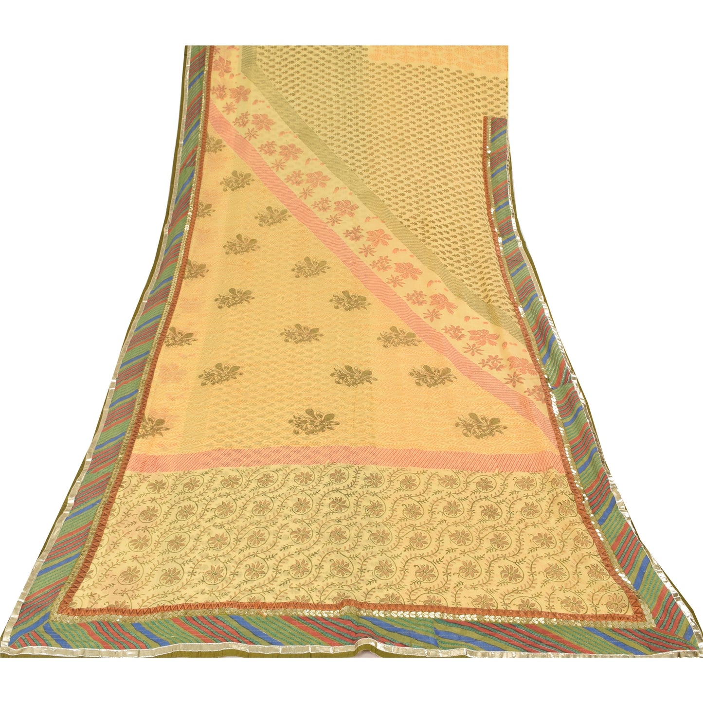 Sanskriti Vintage Sarees Yellow Pure Georgette Silk Print Sari 5yd Craft Sustainable Fabric