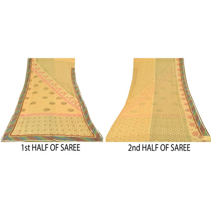 Sanskriti Vintage Sarees Yellow Pure Georgette Silk Print Sari 5yd Craft Sustainable Fabric