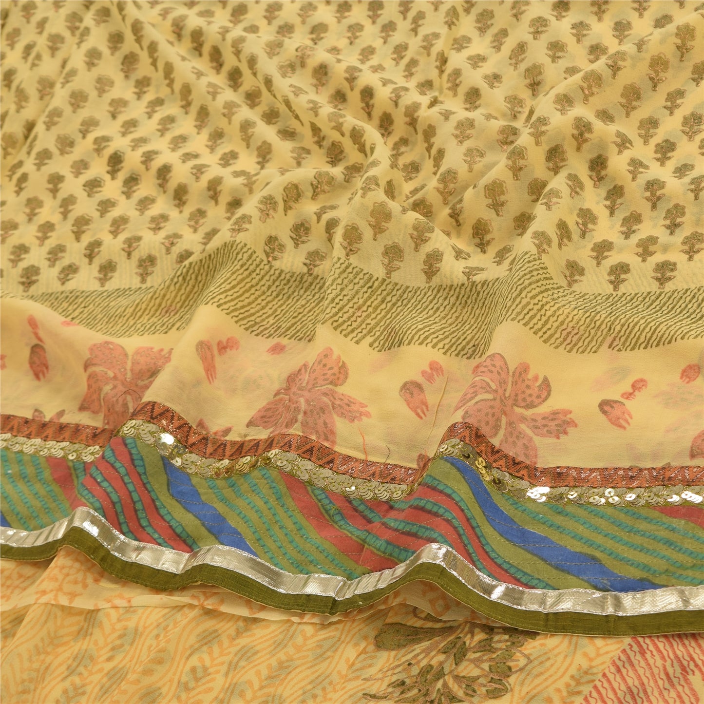 Sanskriti Vintage Sarees Yellow Pure Georgette Silk Print Sari 5yd Craft Sustainable Fabric