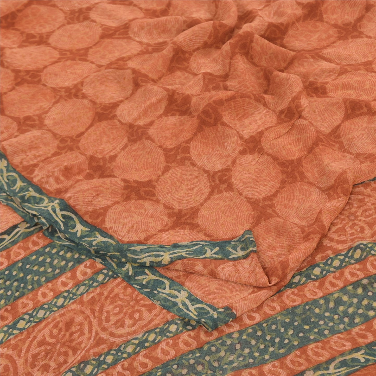 Sanskriti Vintage Sarees Orange Pure Georgette Silk Print Sari 5yd Craft Sustainable Fabric