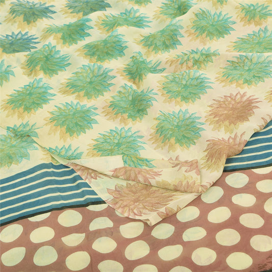 Sanskriti Vintage Sarees Cream Pure Georgette Silk Printed Sari 5yd Craft Sustainable Fabric