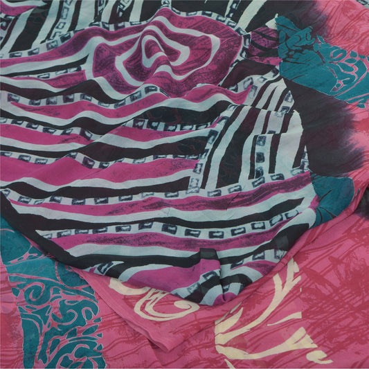 Санскрити Винтаж Сари Розовый Чистый Жоржет Шелк Печатный Сари 5 ярдов Ремесло Экологичная Ткань