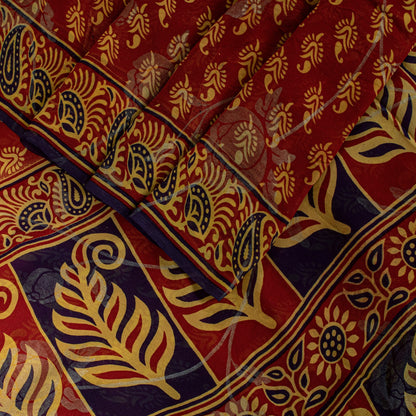 Sanskriti Vintage Red Pure Georgette SilkSaree Digital Block Paisley Print 5.5YD