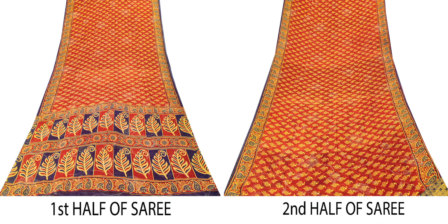Sanskriti Vintage Red Pure Georgette SilkSaree Digital Block Paisley Print 5.5YD