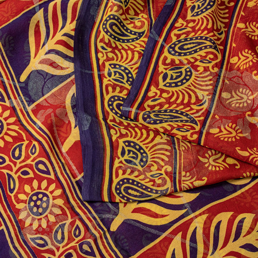 Sanskriti Vintage Red Pure Georgette SilkSaree Digital Block Paisley Print 5.5YD