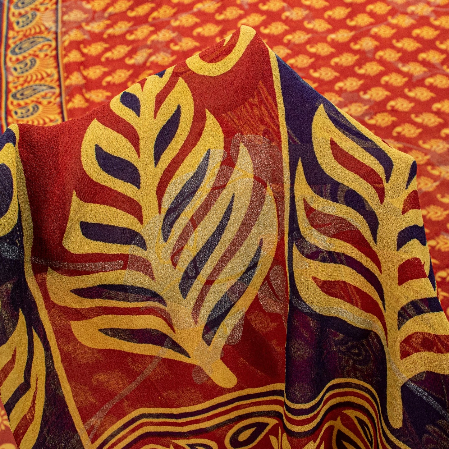 Sanskriti Vintage Red Pure Georgette SilkSaree Digital Block Paisley Print 5.5YD