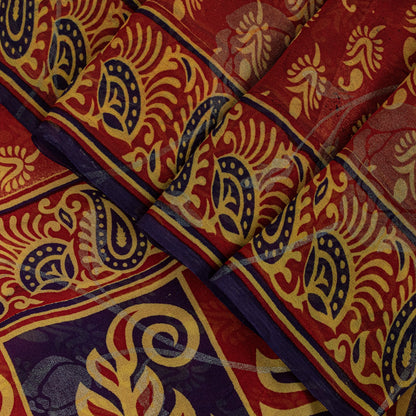 Sanskriti Vintage Red Pure Georgette SilkSaree Digital Block Paisley Print 5.5YD
