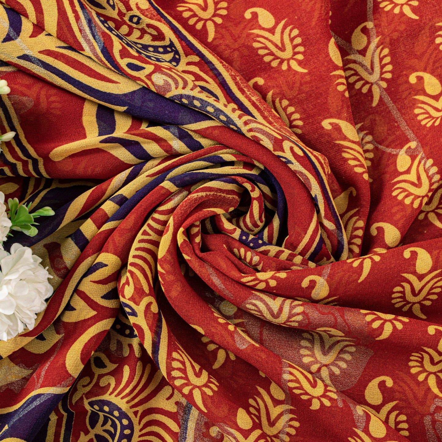Sanskriti Vintage Red Pure Georgette SilkSaree Digital Block Paisley Print 5.5YD