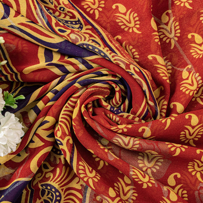 Sanskriti Vintage Red Pure Georgette SilkSaree Digital Block Paisley Print 5.5YD