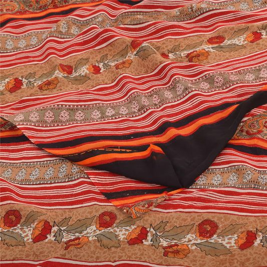 Санскритские винтажные сари, черно-красный чистый шелк-жоржет, напечатанный на сари, ремесленная устойчивая ткань