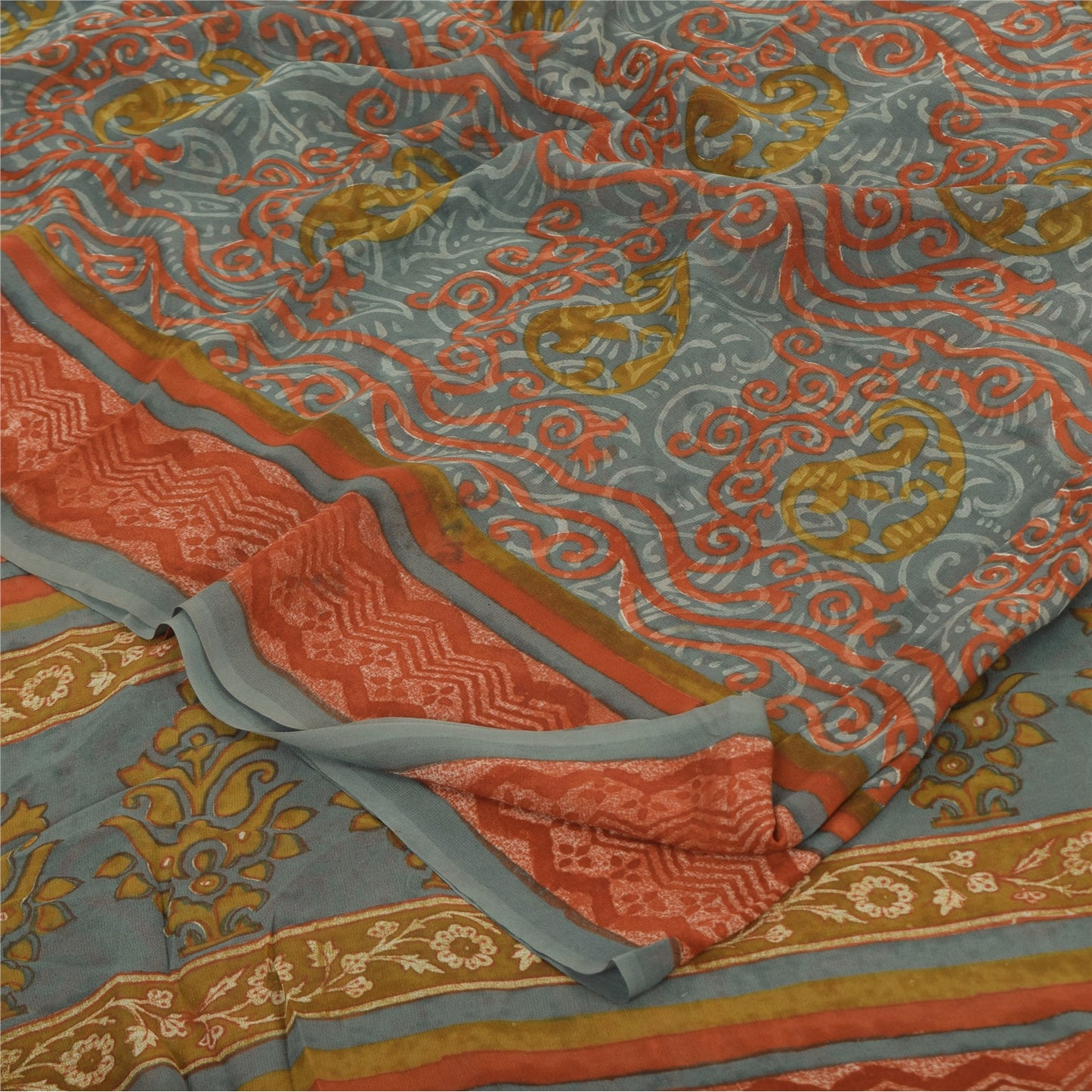 Sanskriti Vintage Sarees Multi Pure Georgette Silk Printed Sari 6yd Craft Sustainable Fabric