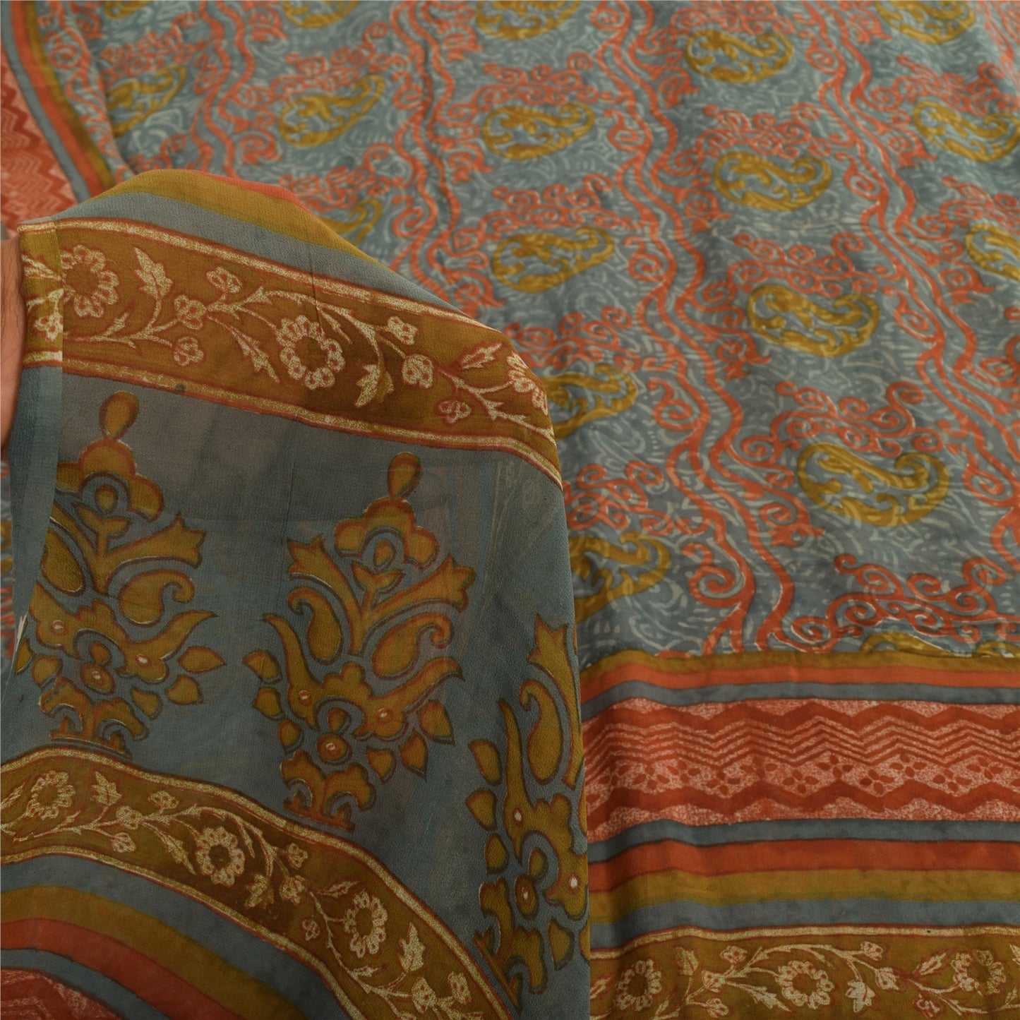 Sanskriti Vintage Sarees Multi Pure Georgette Silk Printed Sari 6yd Craft Sustainable Fabric