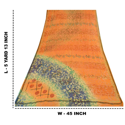 Sanskriti Vintage Sarees Orange Pure Georgette Silk Print Sari 5yd Craft Sustainable Fabric
