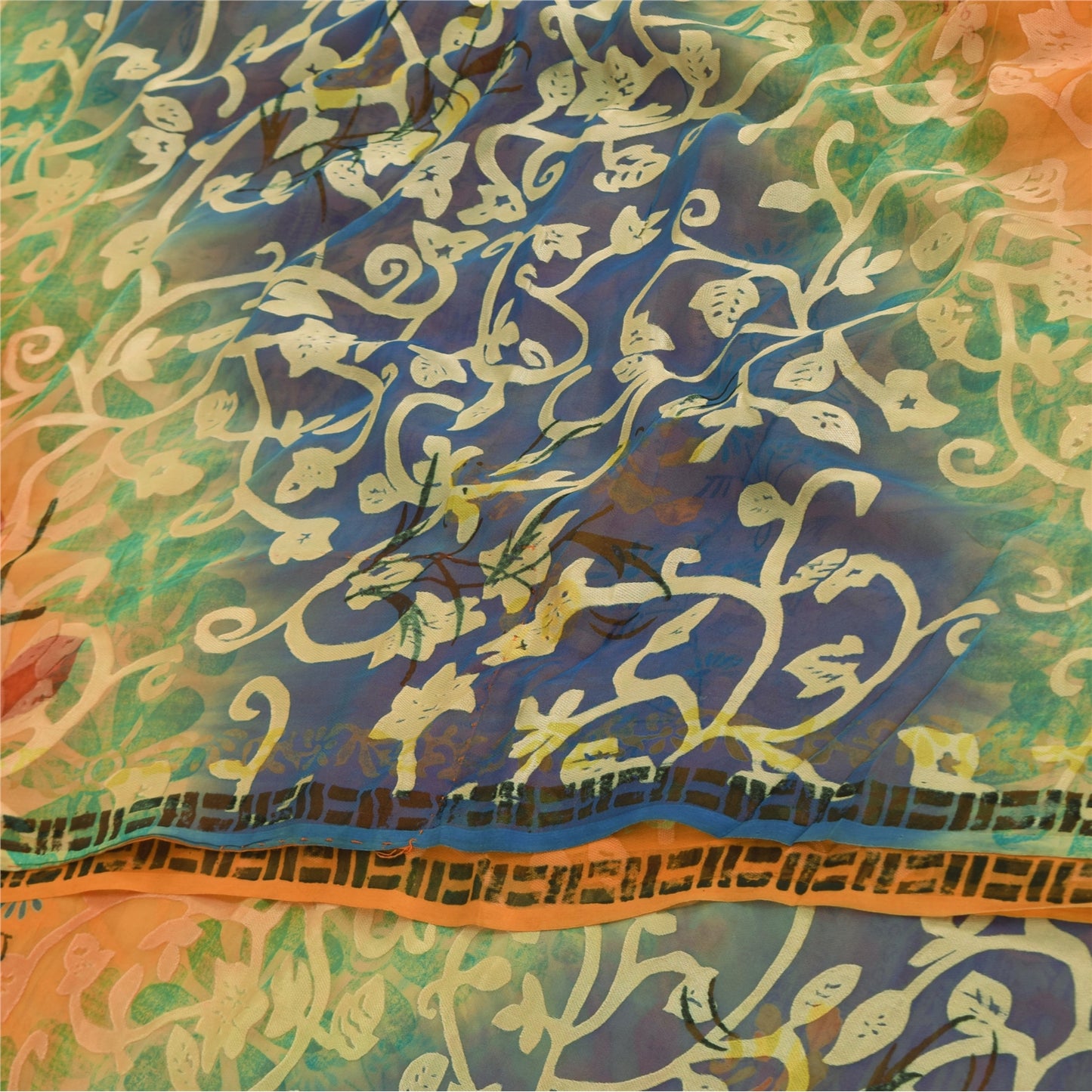 Sanskriti Vintage Sarees Orange Pure Georgette Silk Print Sari 5yd Craft Sustainable Fabric