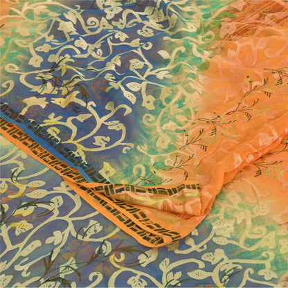 Sanskriti Vintage Sarees Orange Pure Georgette Silk Print Sari 5yd Craft Sustainable Fabric