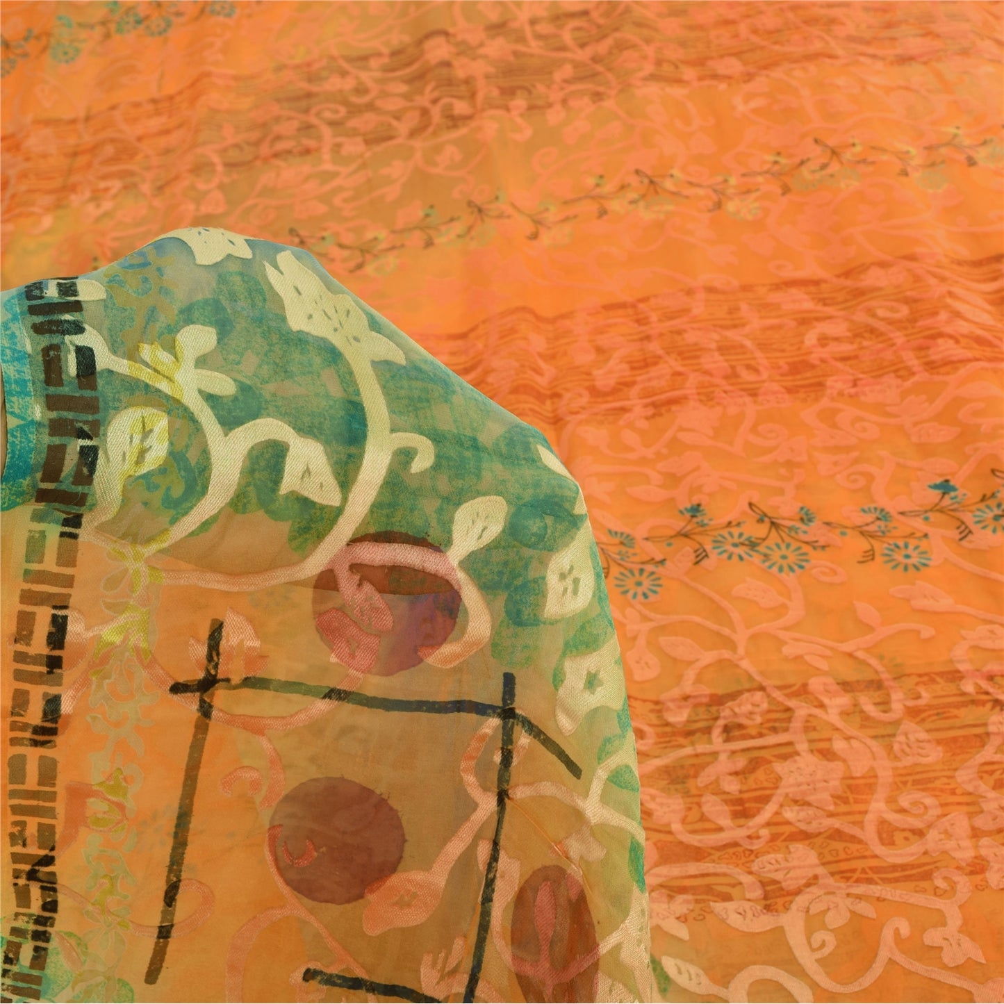 Sanskriti Vintage Sarees Orange Pure Georgette Silk Print Sari 5yd Craft Sustainable Fabric