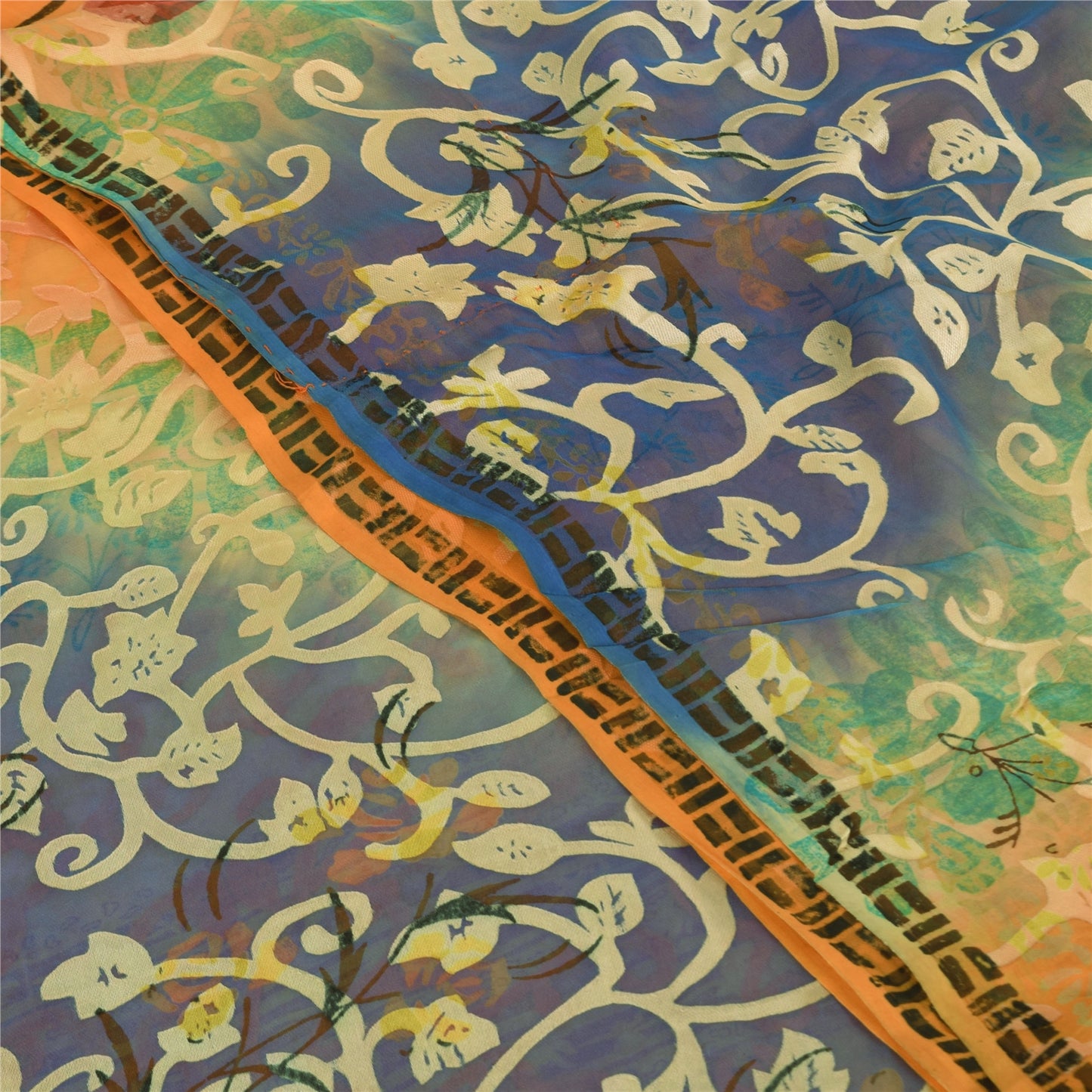 Sanskriti Vintage Sarees Orange Pure Georgette Silk Print Sari 5yd Craft Sustainable Fabric