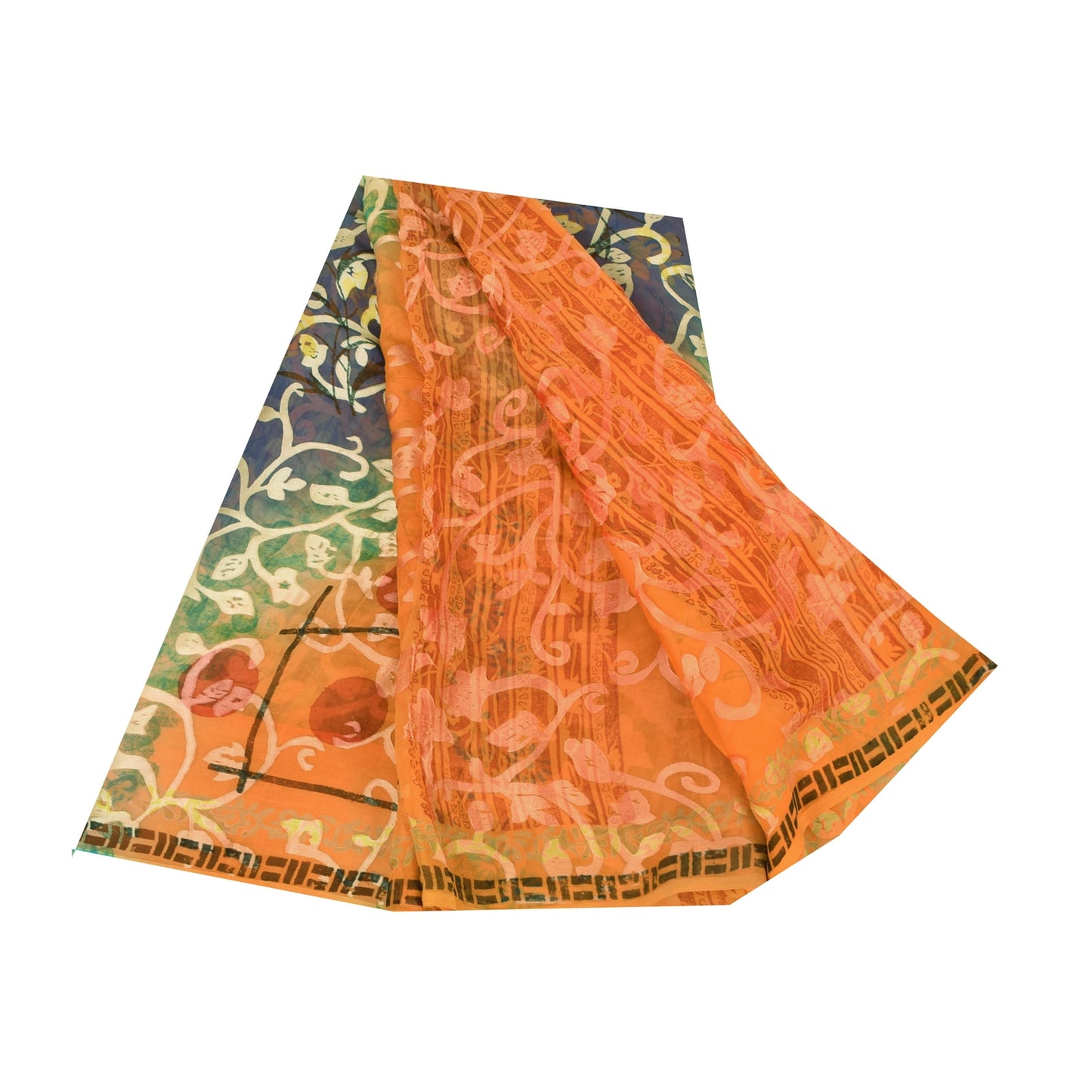 Sanskriti Vintage Sarees Orange Pure Georgette Silk Print Sari 5yd Craft Sustainable Fabric