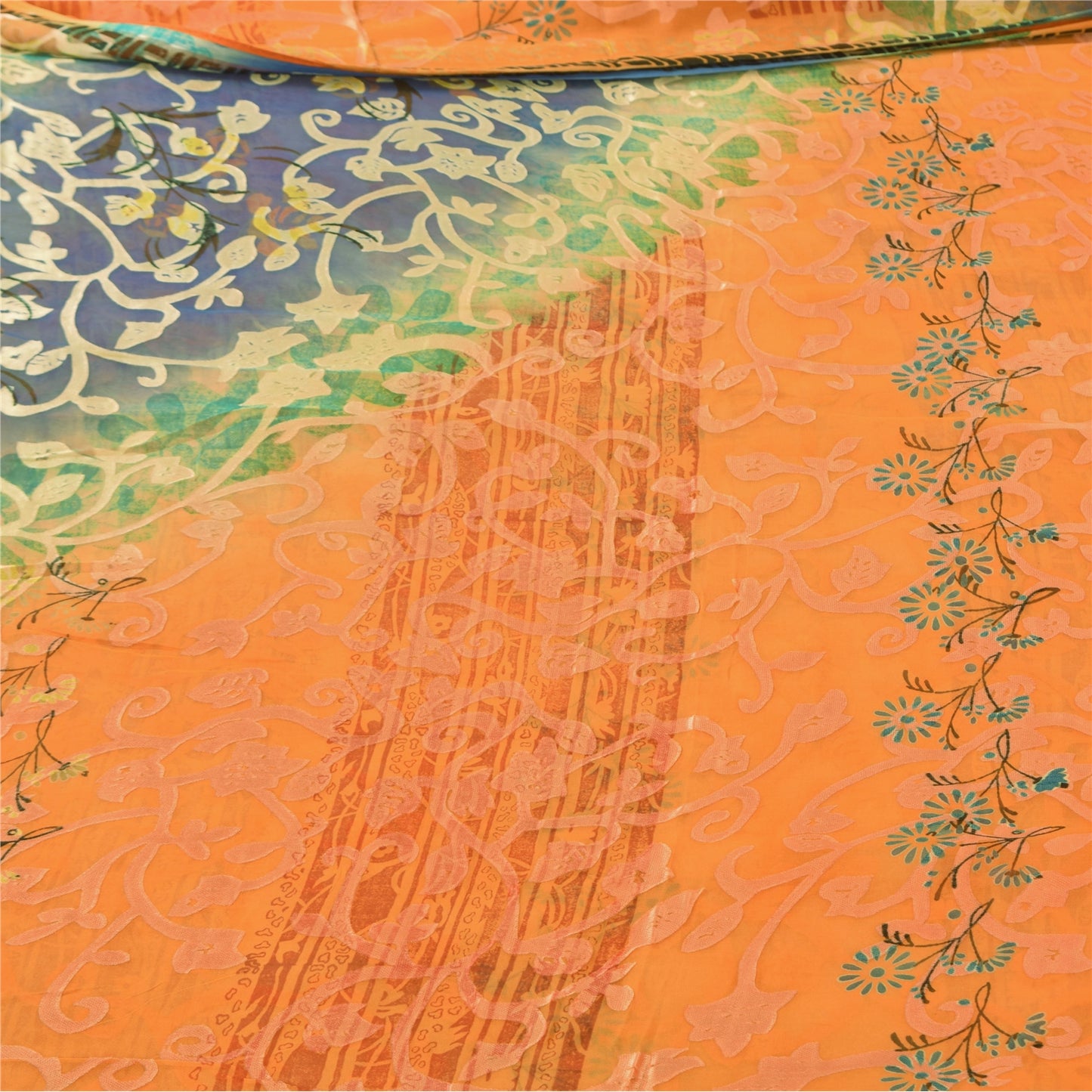 Sanskriti Vintage Sarees Orange Pure Georgette Silk Print Sari 5yd Craft Sustainable Fabric
