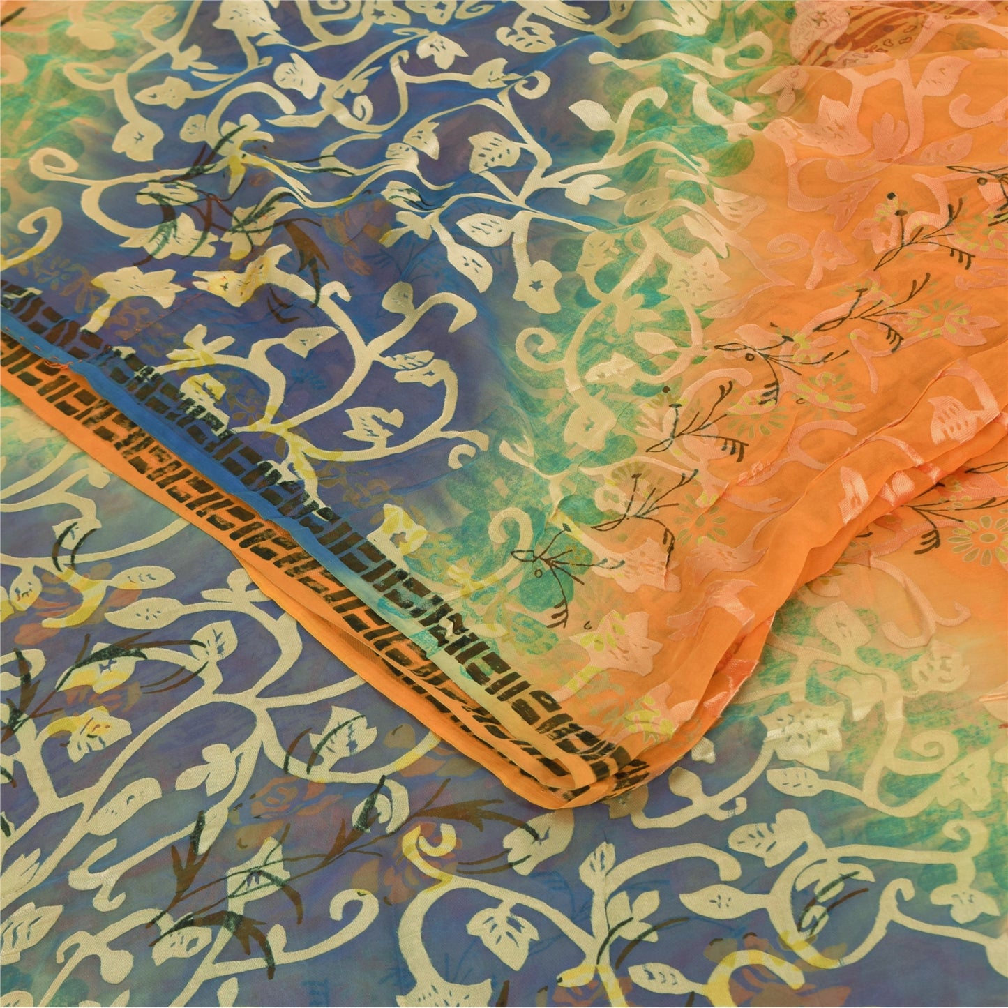 Sanskriti Vintage Sarees Orange Pure Georgette Silk Print Sari 5yd Craft Sustainable Fabric