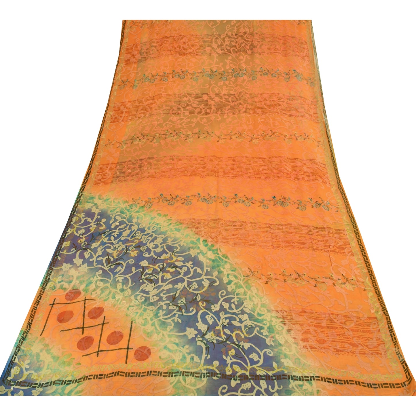 Sanskriti Vintage Sarees Orange Pure Georgette Silk Print Sari 5yd Craft Sustainable Fabric