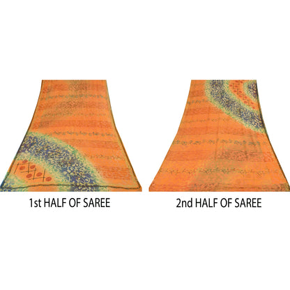 Sanskriti Vintage Sarees Orange Pure Georgette Silk Print Sari 5yd Craft Sustainable Fabric
