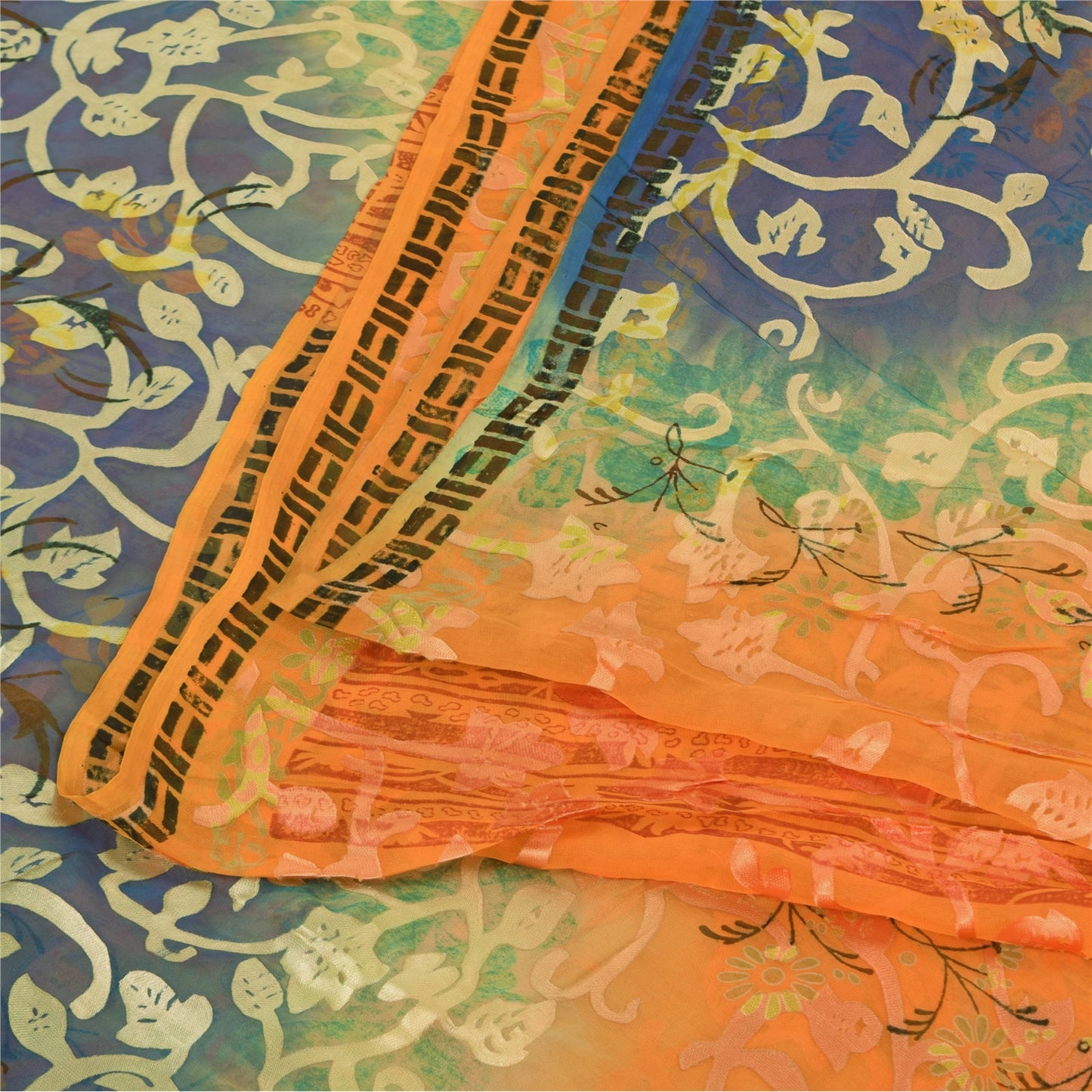 Sanskriti Vintage Sarees Orange Pure Georgette Silk Print Sari 5yd Craft Sustainable Fabric