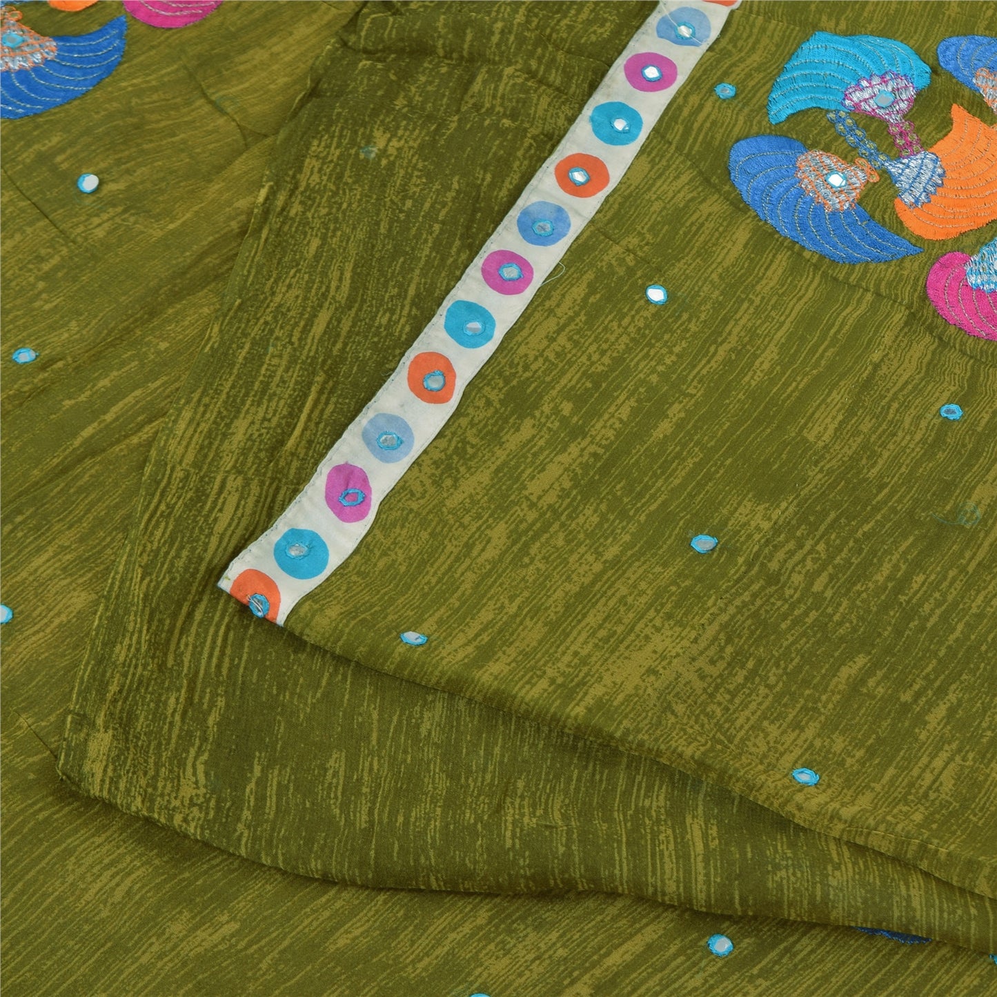 Sanskriti Vintage Sarees Green Embroidered Patch Pure Georgette Sari 5yd Sustainable Fabric