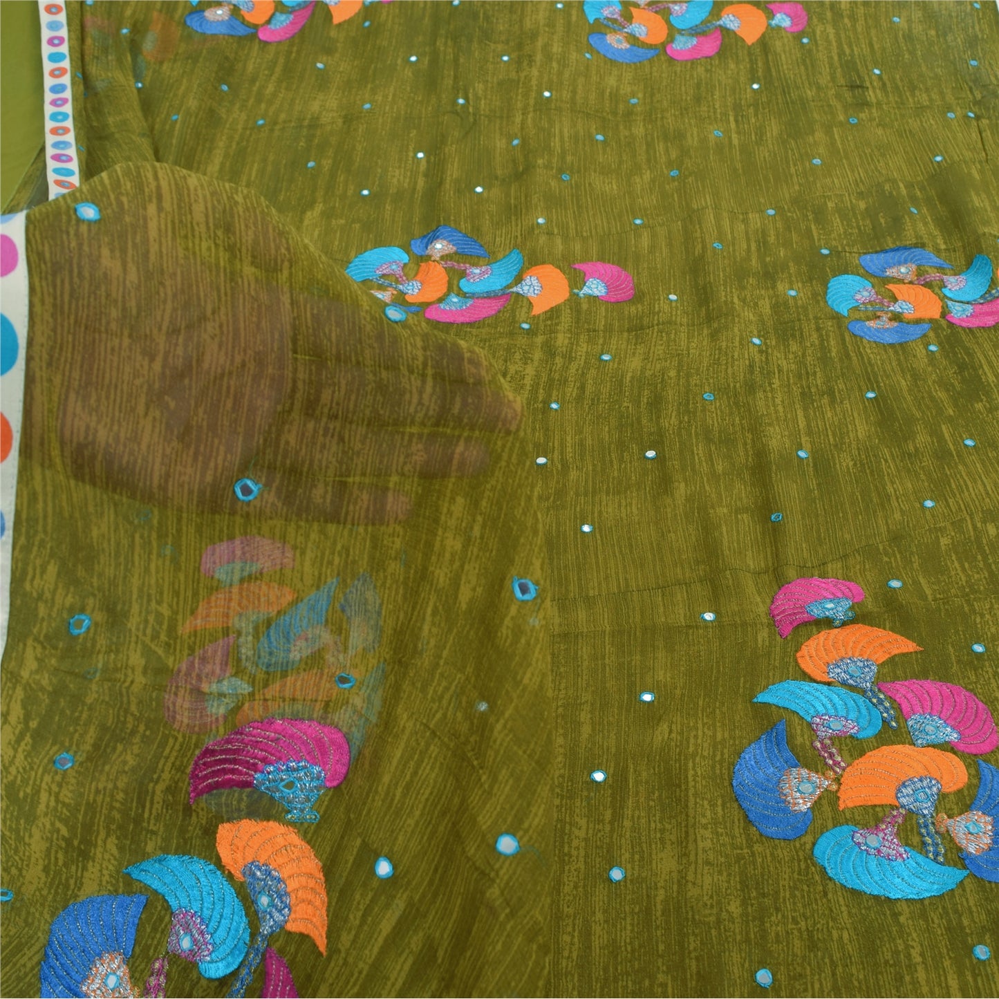 Sanskriti Vintage Sarees Green Embroidered Patch Pure Georgette Sari 5yd Sustainable Fabric