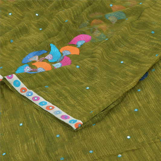 Sanskriti Vintage Sarees Green Embroidered Patch Pure Georgette Sari 5yd Sustainable Fabric