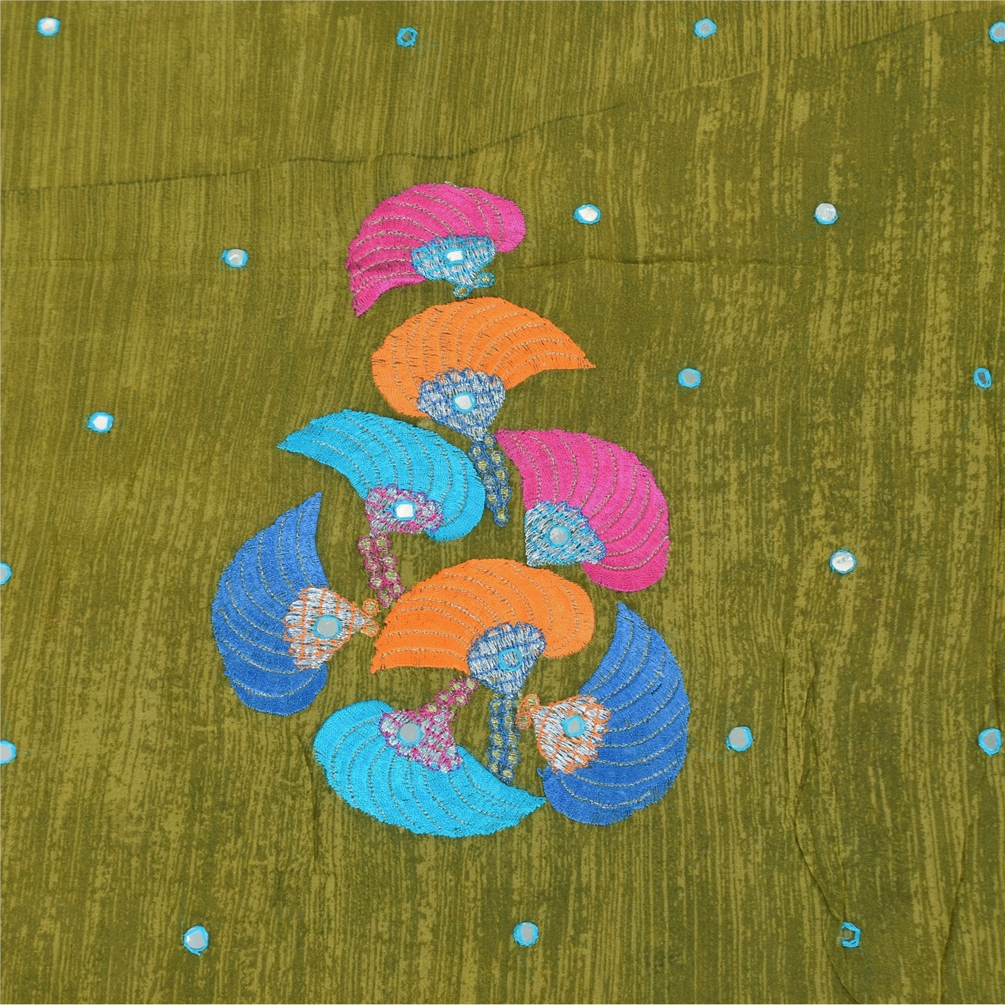 Sanskriti Vintage Sarees Green Embroidered Patch Pure Georgette Sari 5yd Sustainable Fabric