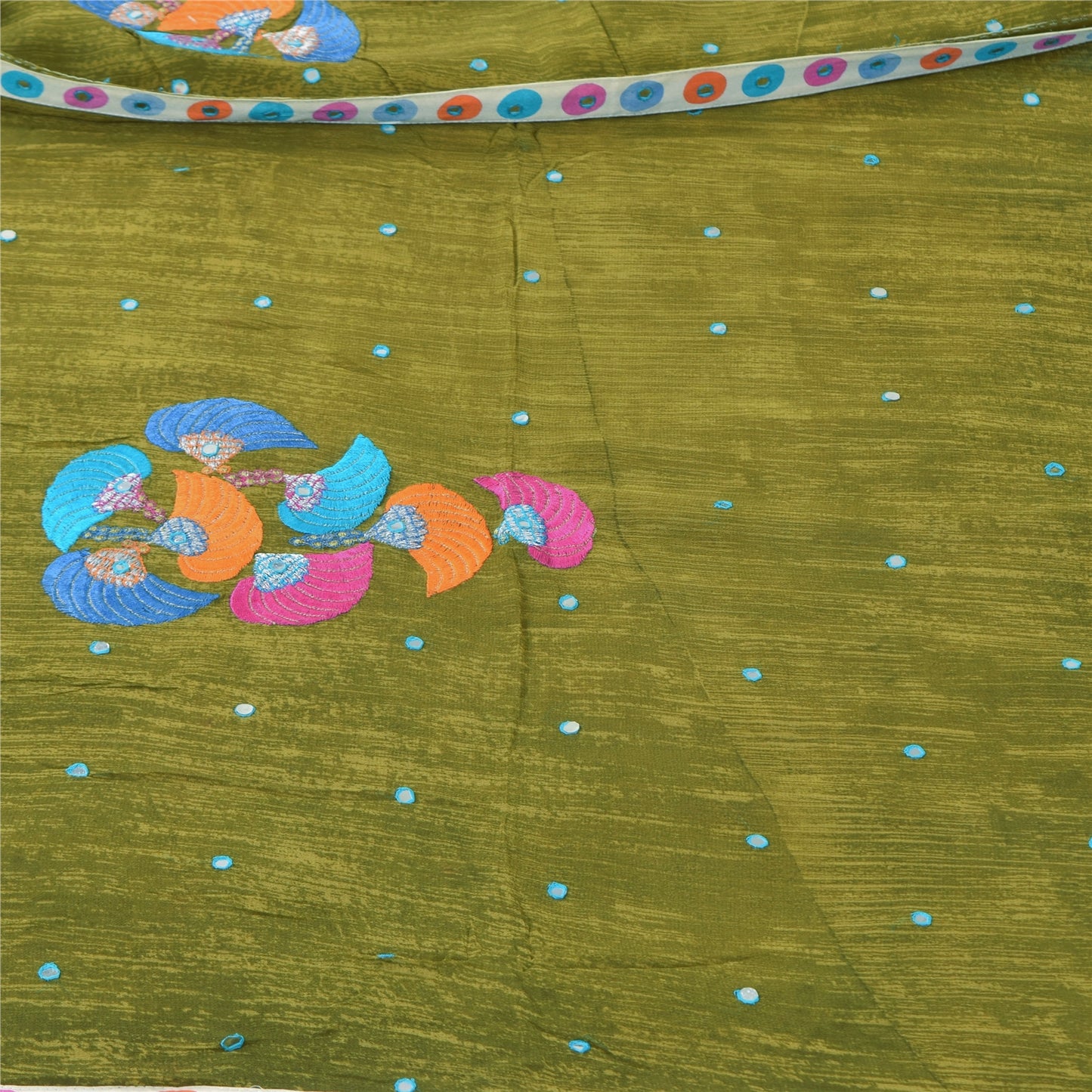 Sanskriti Vintage Sarees Green Embroidered Patch Pure Georgette Sari 5yd Sustainable Fabric