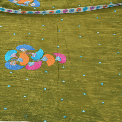 Sanskriti Vintage Sarees Green Embroidered Patch Pure Georgette Sari 5yd Sustainable Fabric