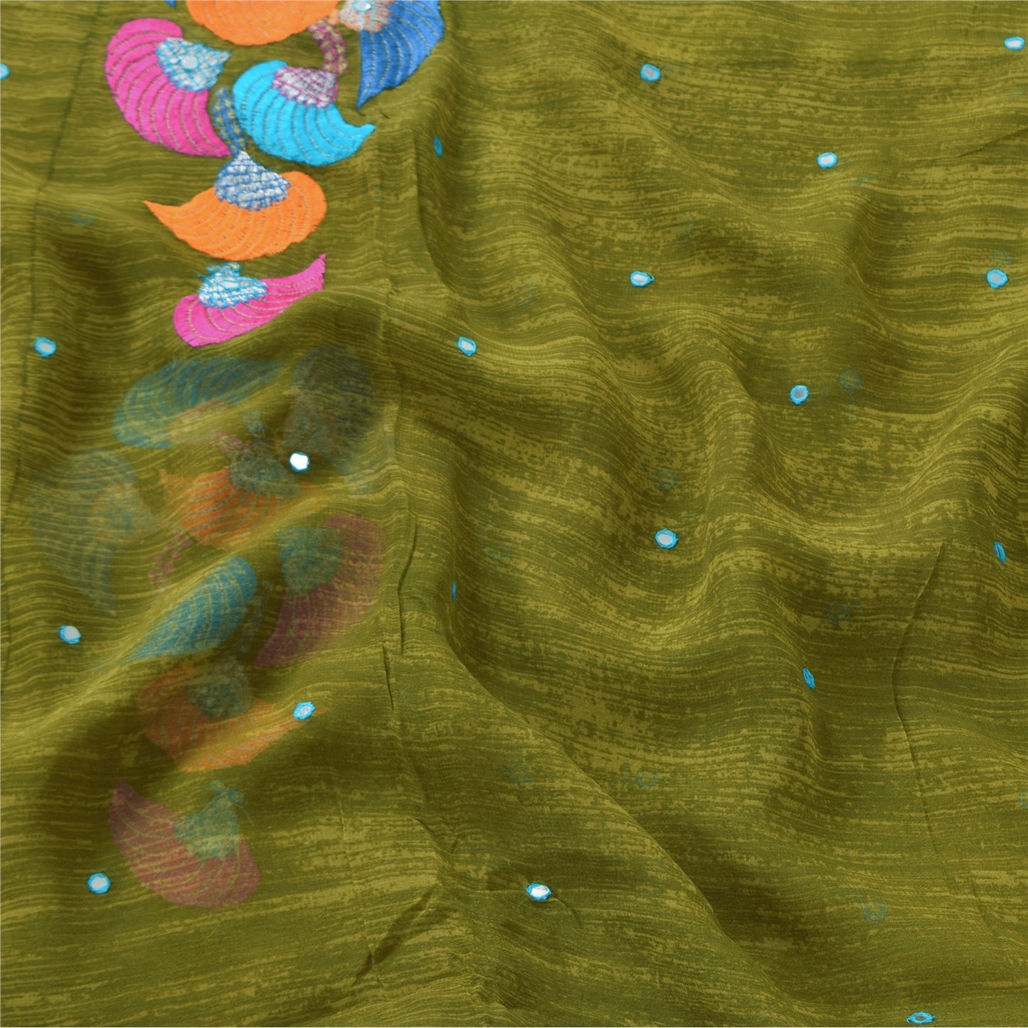 Sanskriti Vintage Sarees Green Embroidered Patch Pure Georgette Sari 5yd Sustainable Fabric