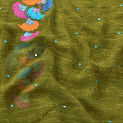 Sanskriti Vintage Sarees Green Embroidered Patch Pure Georgette Sari 5yd Sustainable Fabric