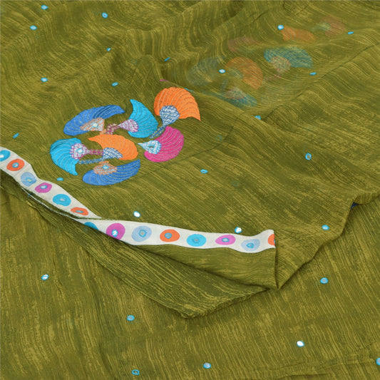 Sanskriti Vintage Sarees Green Embroidered Patch Pure Georgette Sari 5yd Sustainable Fabric