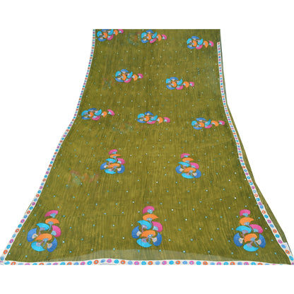 Sanskriti Vintage Sarees Green Embroidered Patch Pure Georgette Sari 5yd Sustainable Fabric