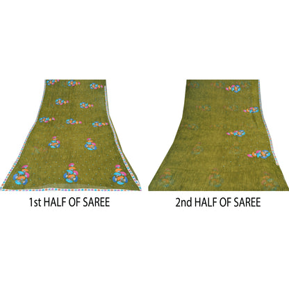 Sanskriti Vintage Sarees Green Embroidered Patch Pure Georgette Sari 5yd Sustainable Fabric