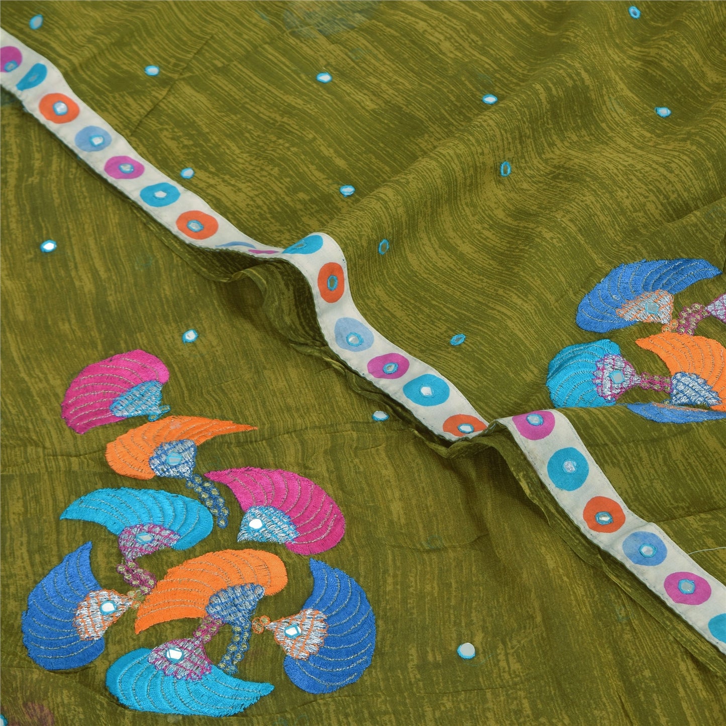 Sanskriti Vintage Sarees Green Embroidered Patch Pure Georgette Sari 5yd Sustainable Fabric