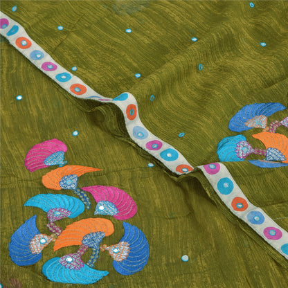 Sanskriti Vintage Sarees Green Embroidered Patch Pure Georgette Sari 5yd Sustainable Fabric